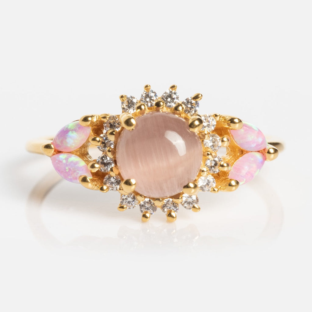 Pink Opal and Cats Eye Moonstone Sunflower Ring