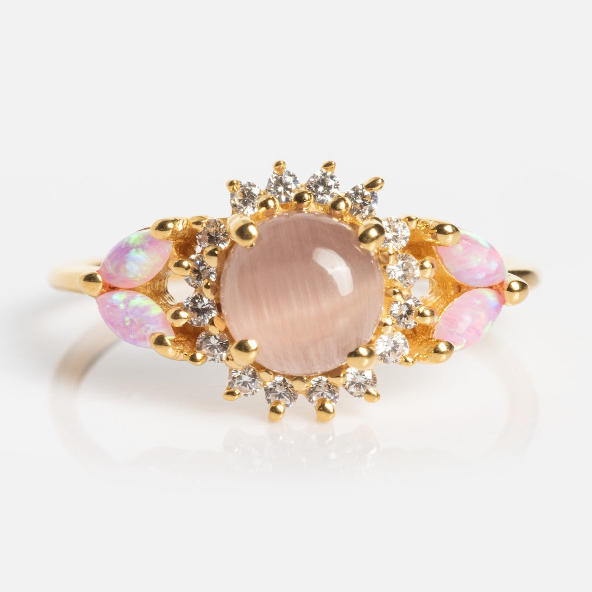 Pink Opal and Cats Eye Moonstone Sunflower Ring