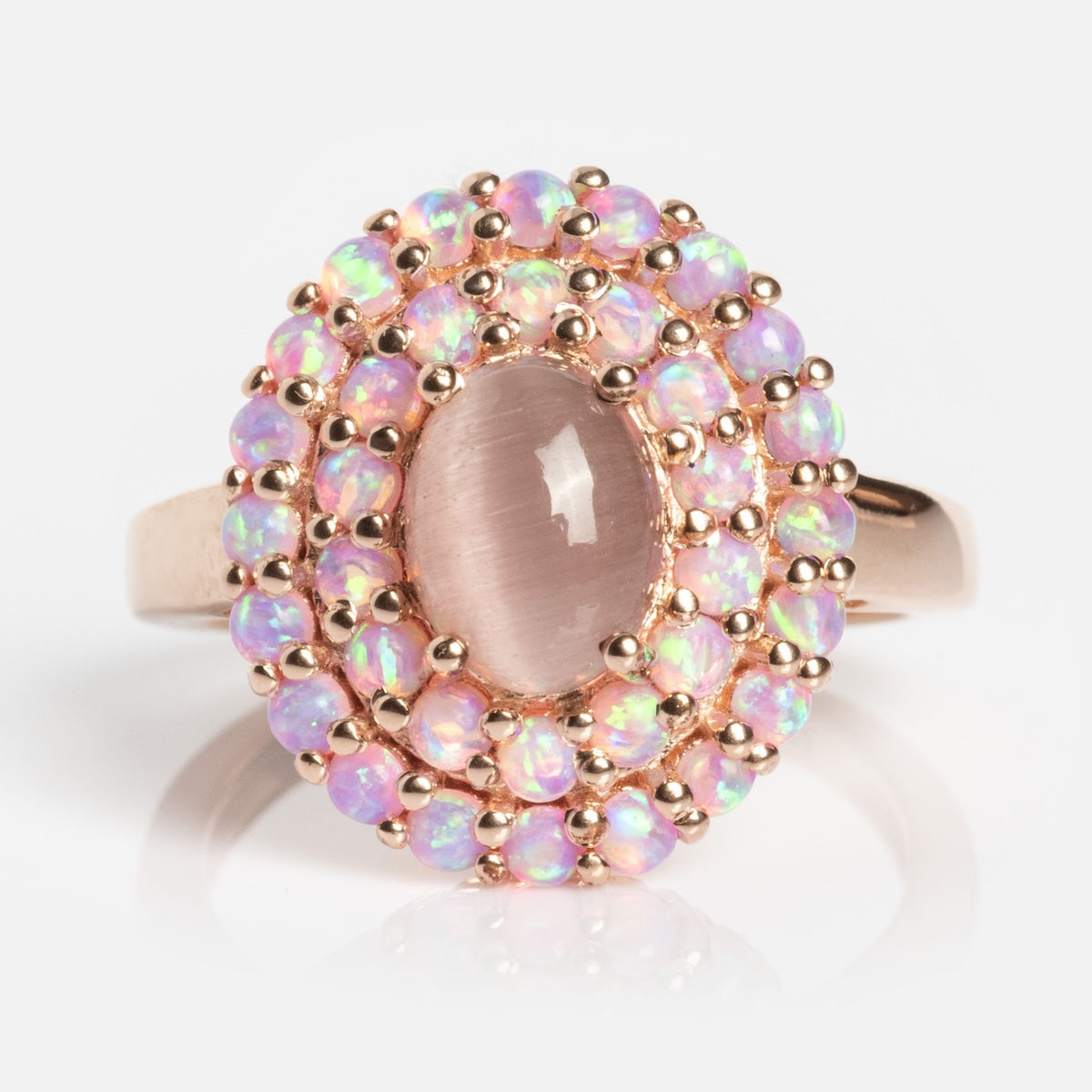 Rose Gold Pink Opal and Cats Eye Moonstone Crown Ring