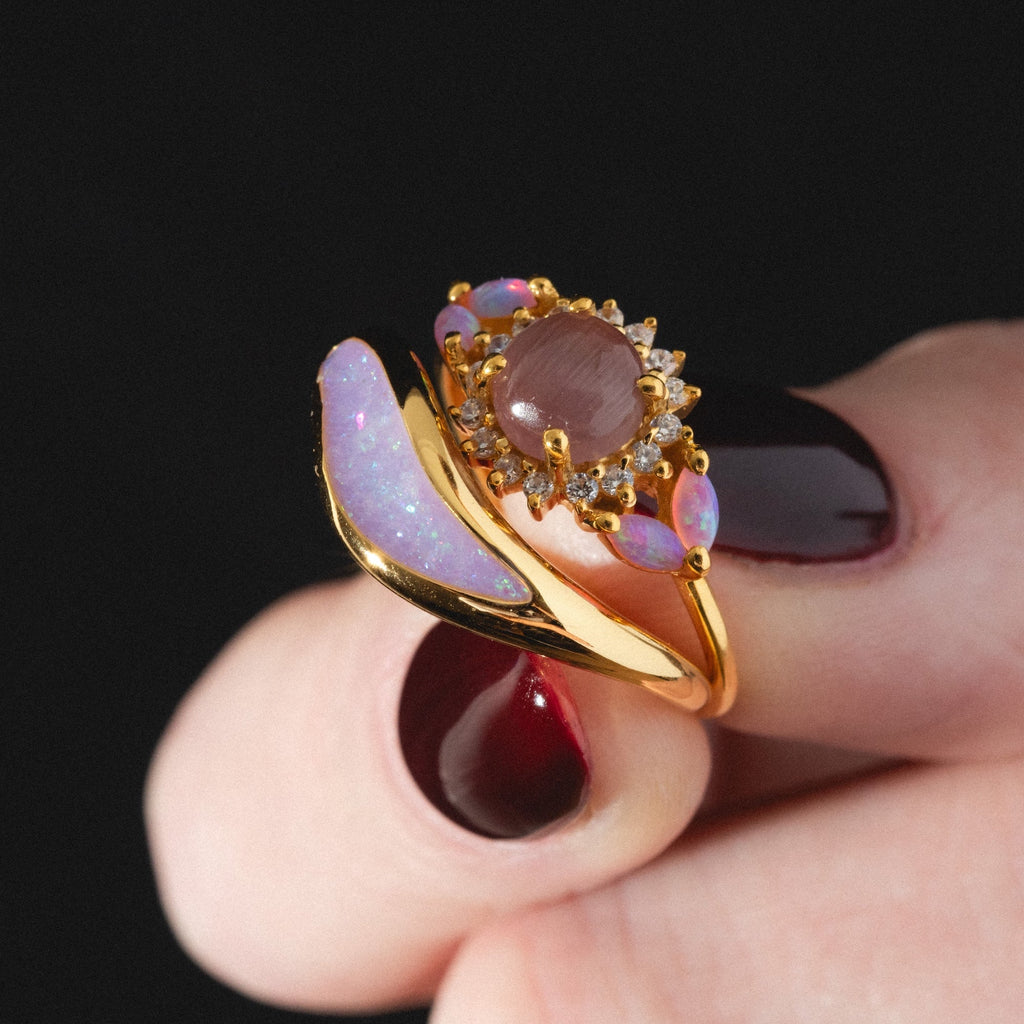 Pink Opal and Cats Eye Moonstone Sunflower Ring
