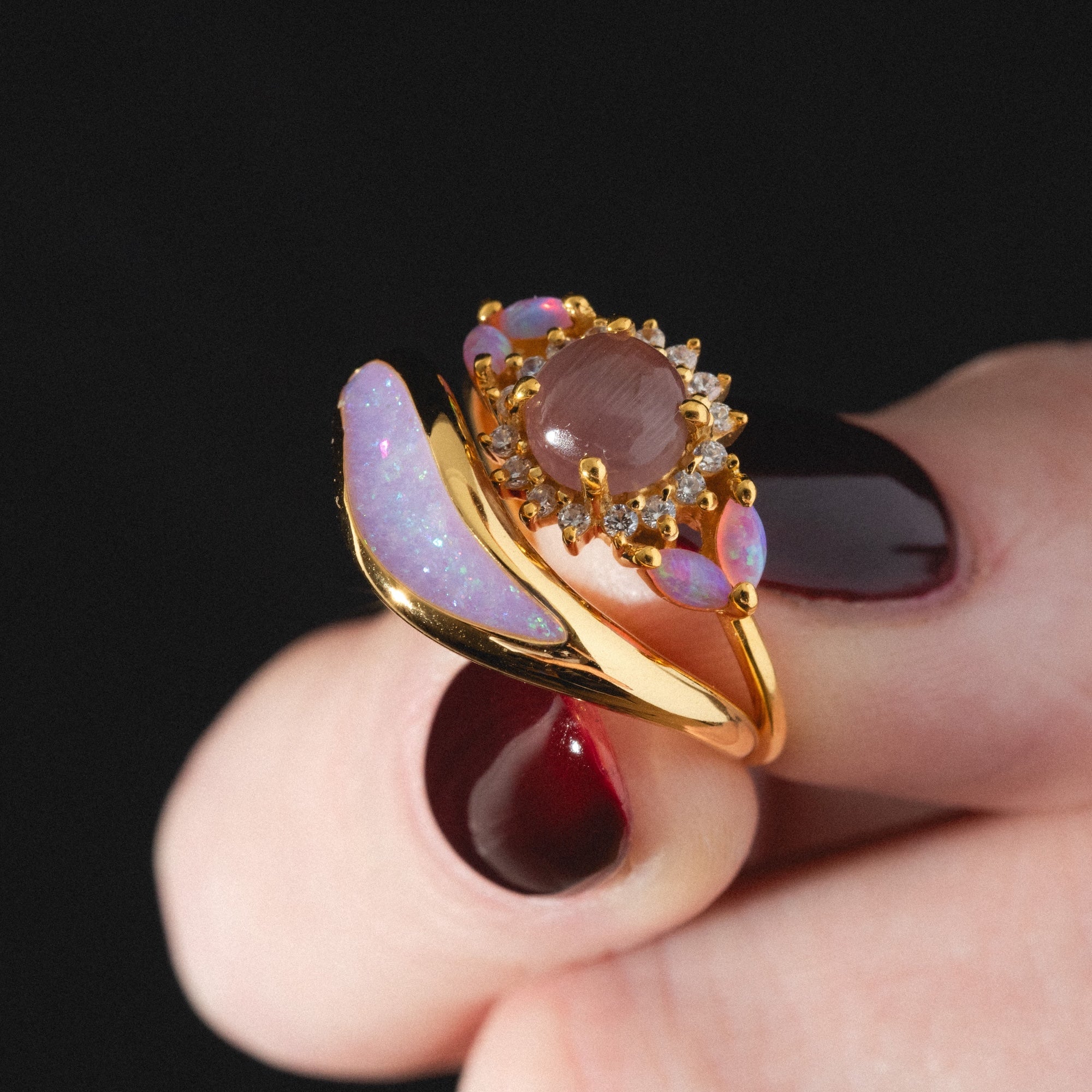 Pink Opal and Cats Eye Moonstone Sunflower Ring