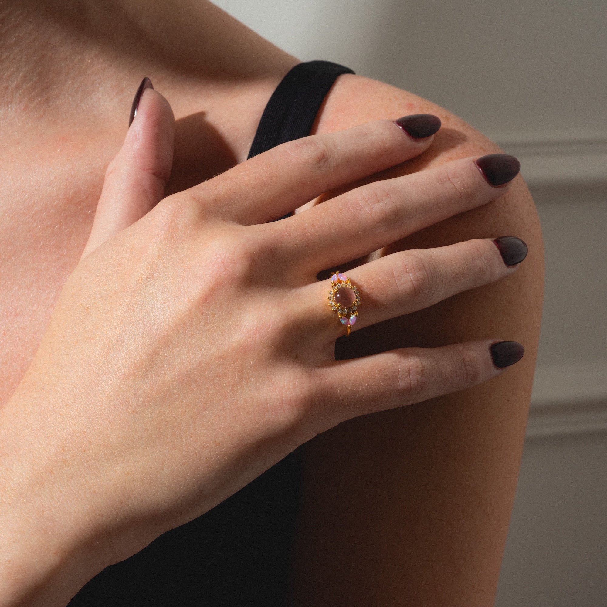 Pink Opal and Cats Eye Moonstone Sunflower Ring