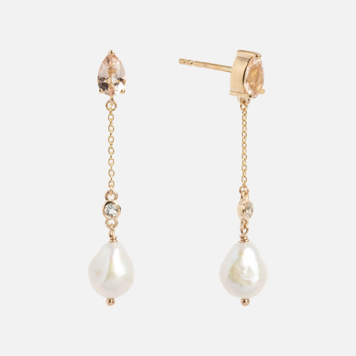 Solid Gold Morganite and Pearl Droplet Earrings