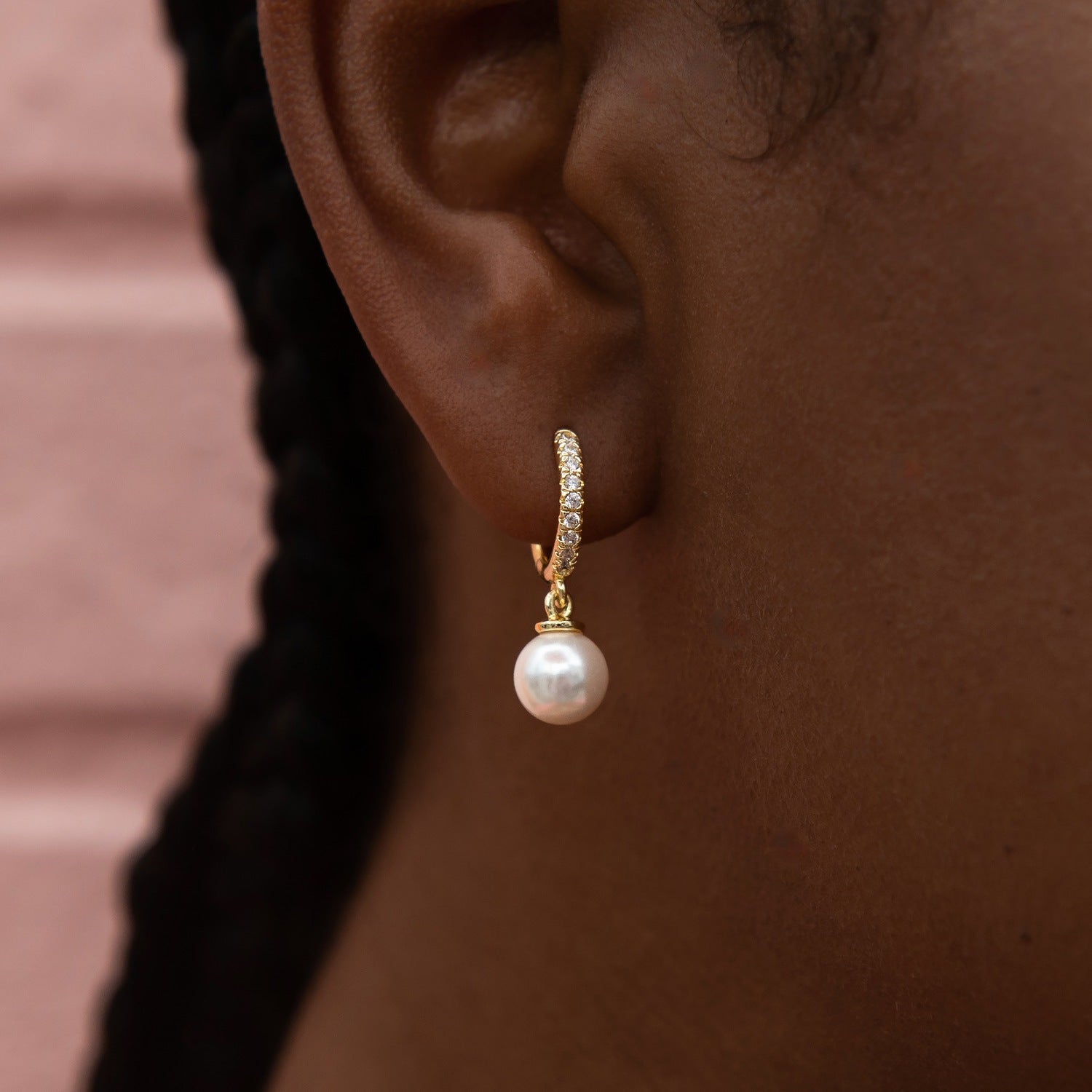 Pave Extra Small Huggie Hoop Pearl Drop Earrings in Yellow Gold