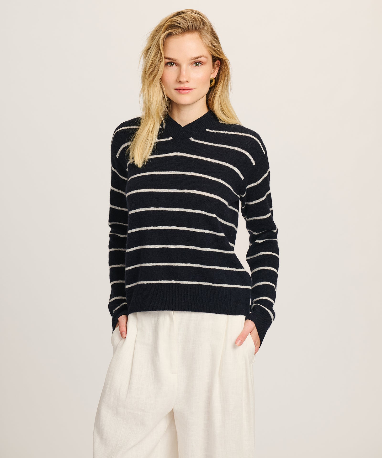 Lightweight Cashmere Striped High V-Neck Sweater