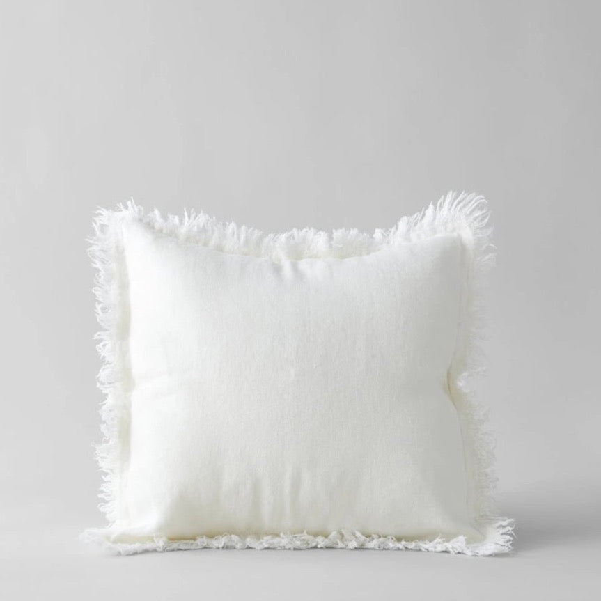 Fringed Linen Pillow in White, 20 x 20