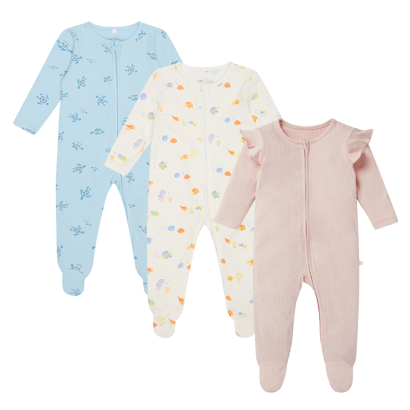 Little Fish, Turtles & Ribbed Frilled Clever Zip Sleepsuit 3 Pack