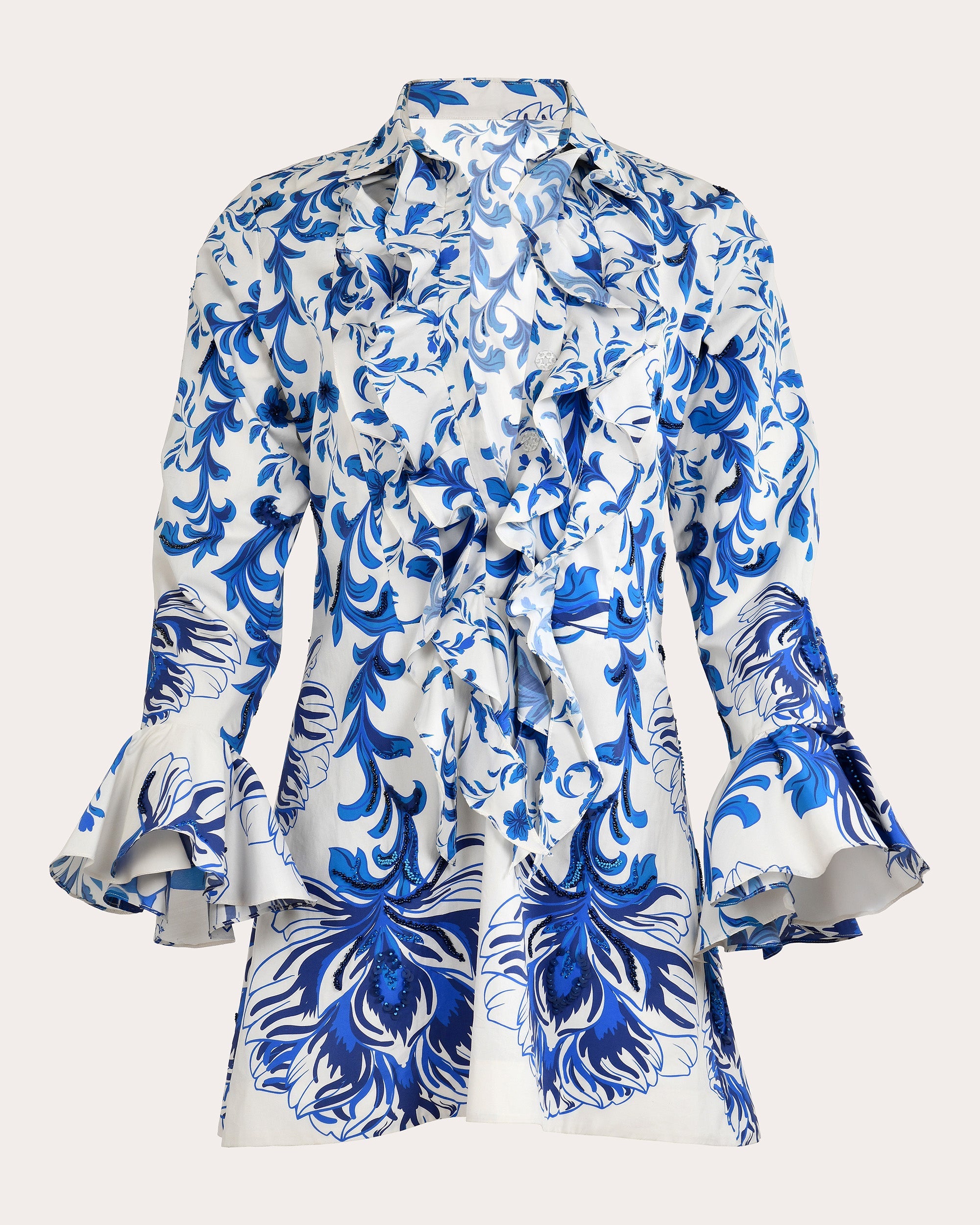 Cate Beaded Cotton Ruffle Mini Shirt Dress