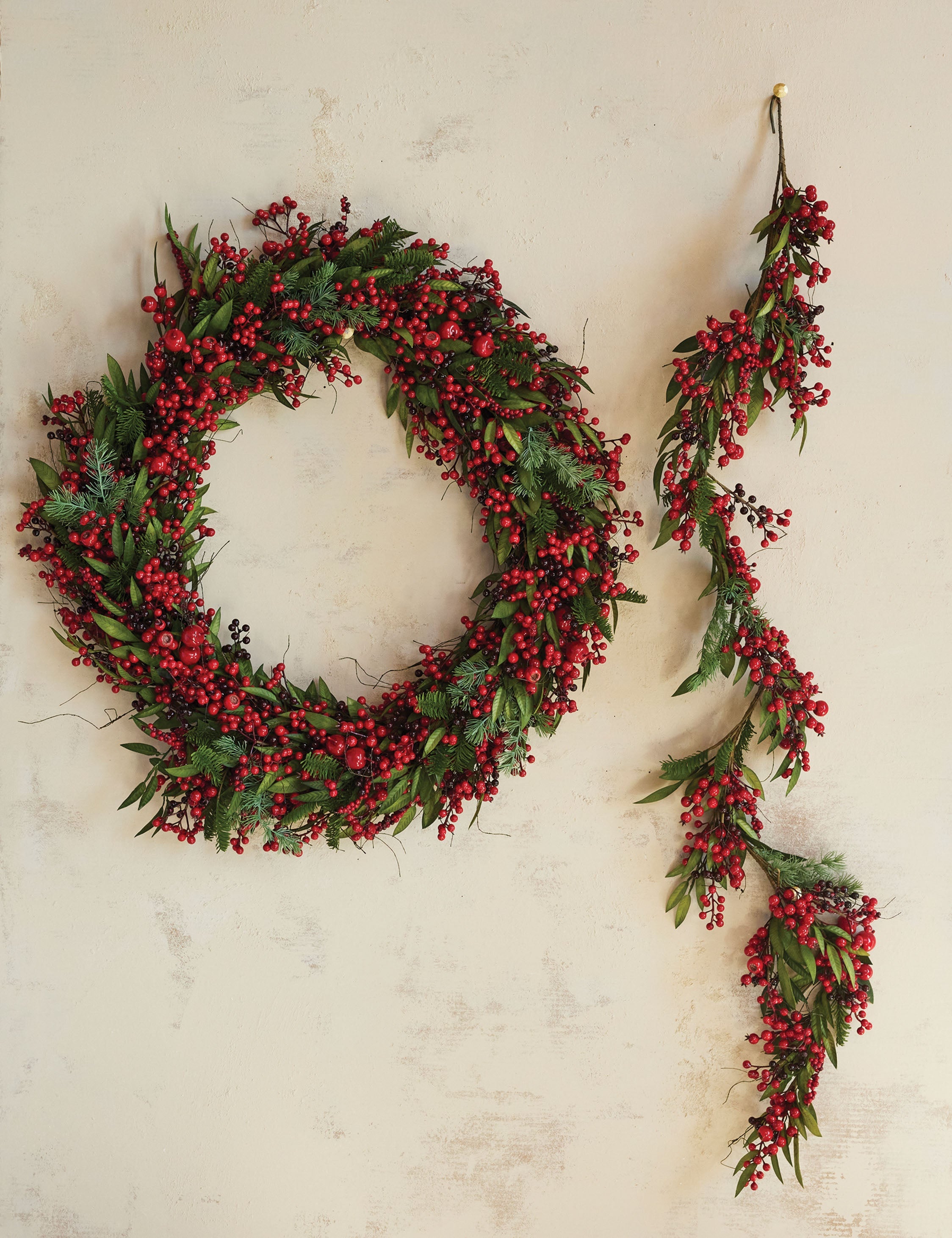 Faux Spruce Garland with Red Berries and Pinecones