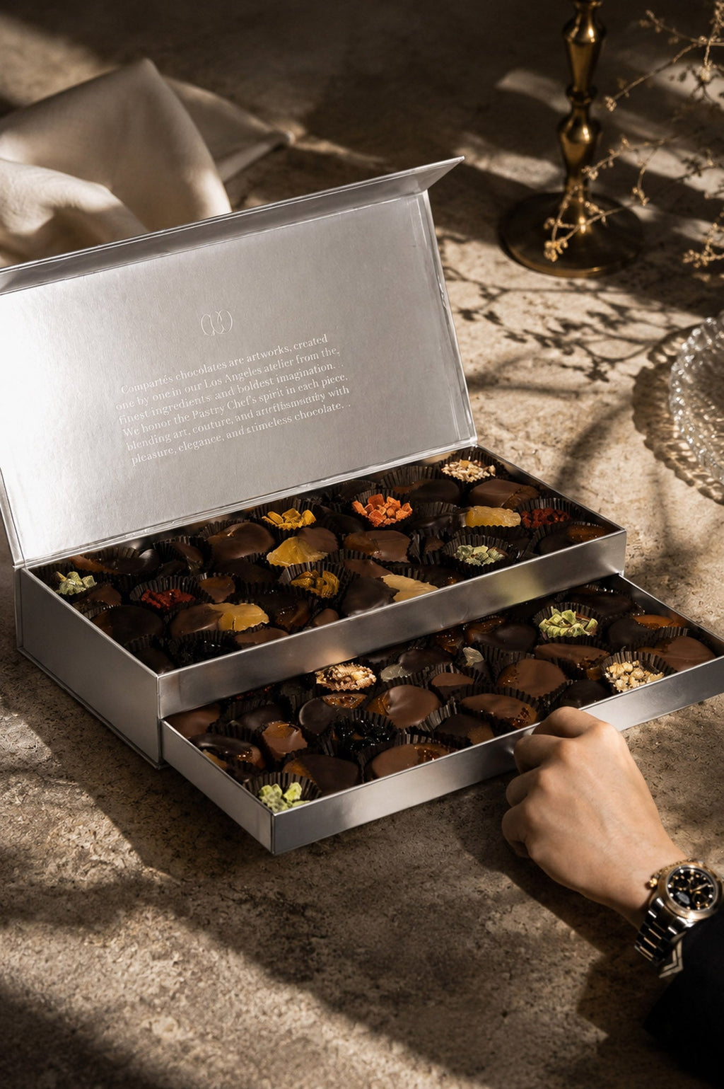 Stunning Silver Luxury Drawer Gift Box - Assorted Chocolates & Fruits