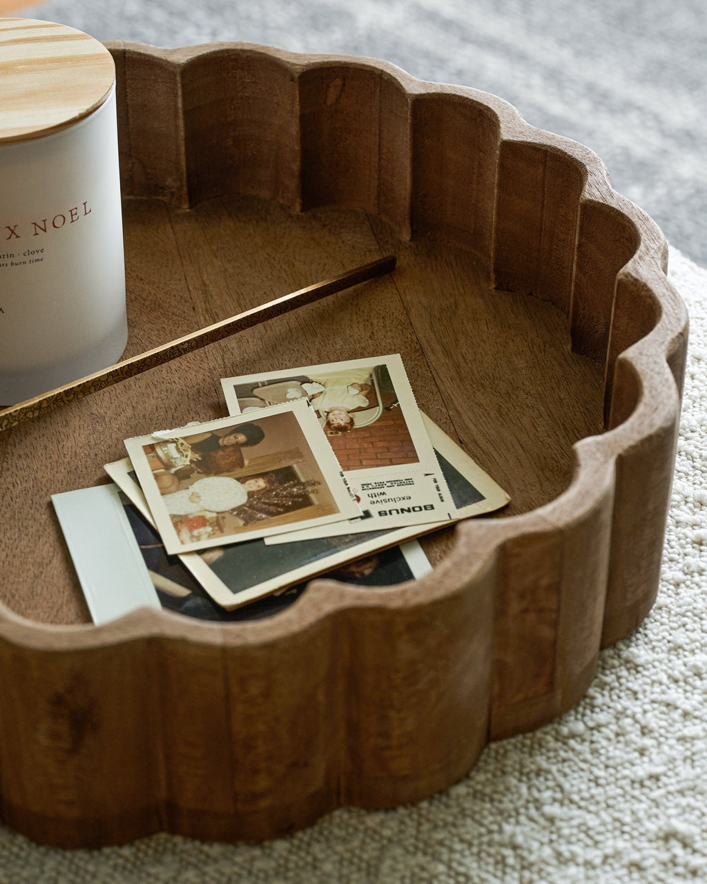 Antiqued Wood Scalloped Tray