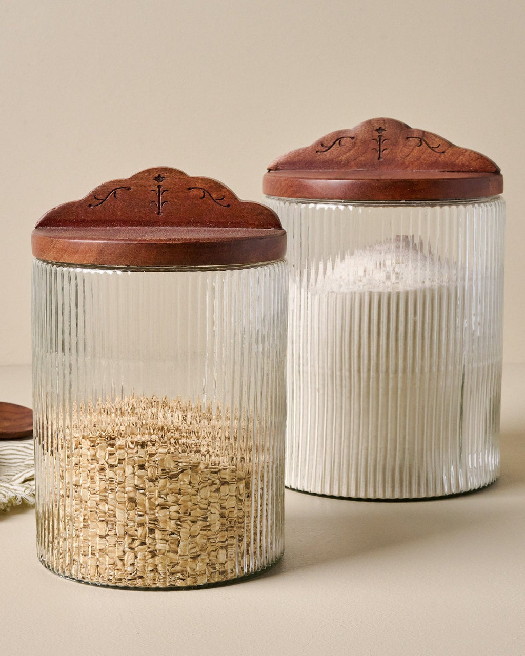Antiqued Wood Ribbed Glass Canister