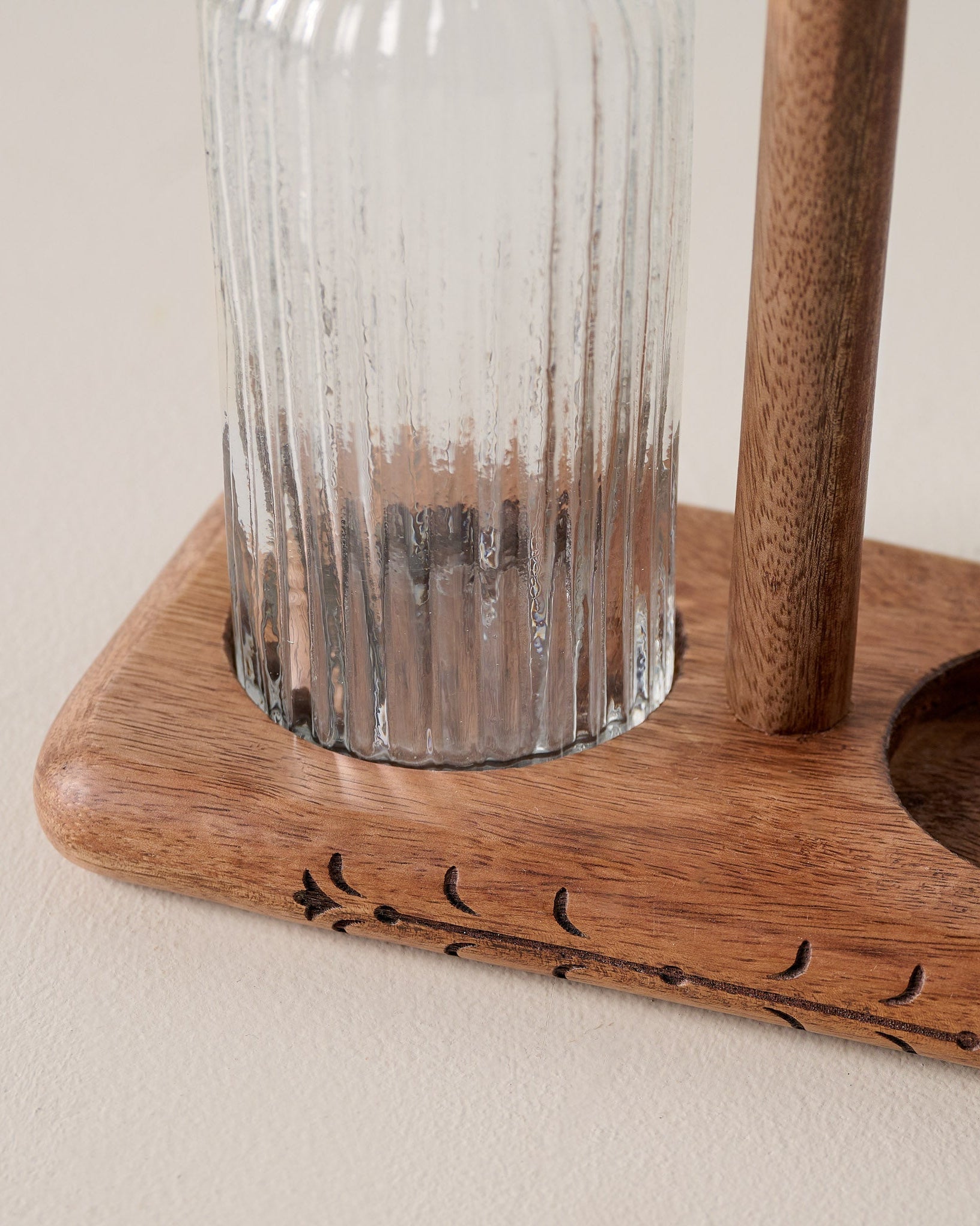 Antiqued Wood Ribbed Glass Oil & Vinegar Set