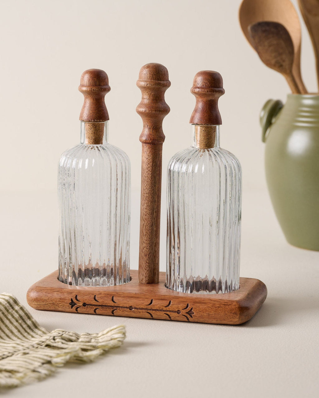 Antiqued Wood Ribbed Glass Oil & Vinegar Set