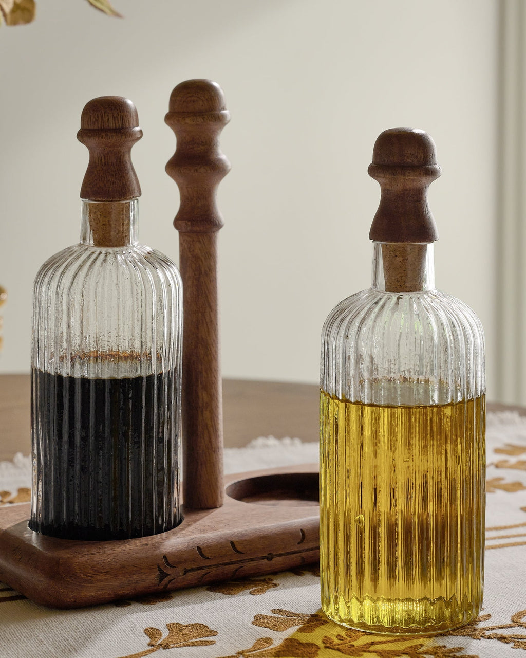 Antiqued Wood Ribbed Glass Oil & Vinegar Set