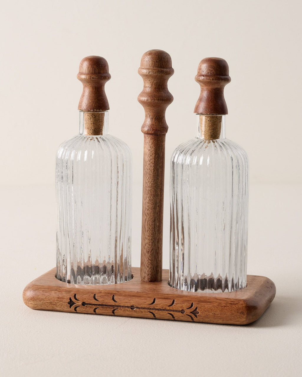 Antiqued Wood Ribbed Glass Oil & Vinegar Set