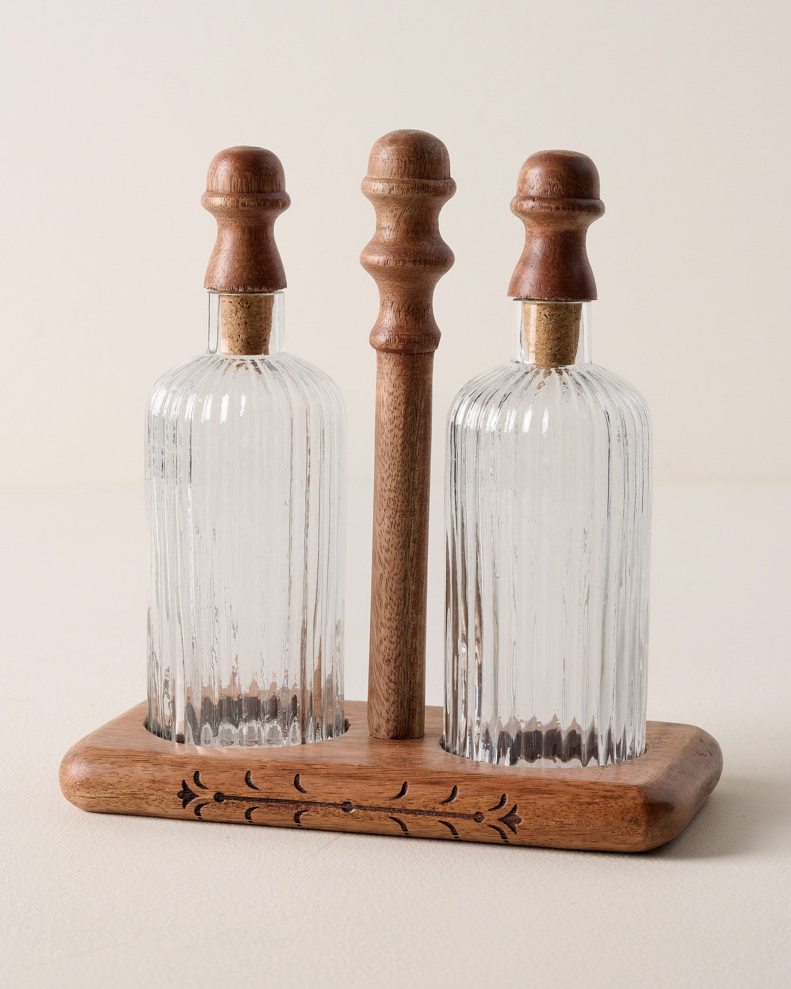 Antiqued Wood Ribbed Glass Oil & Vinegar Set