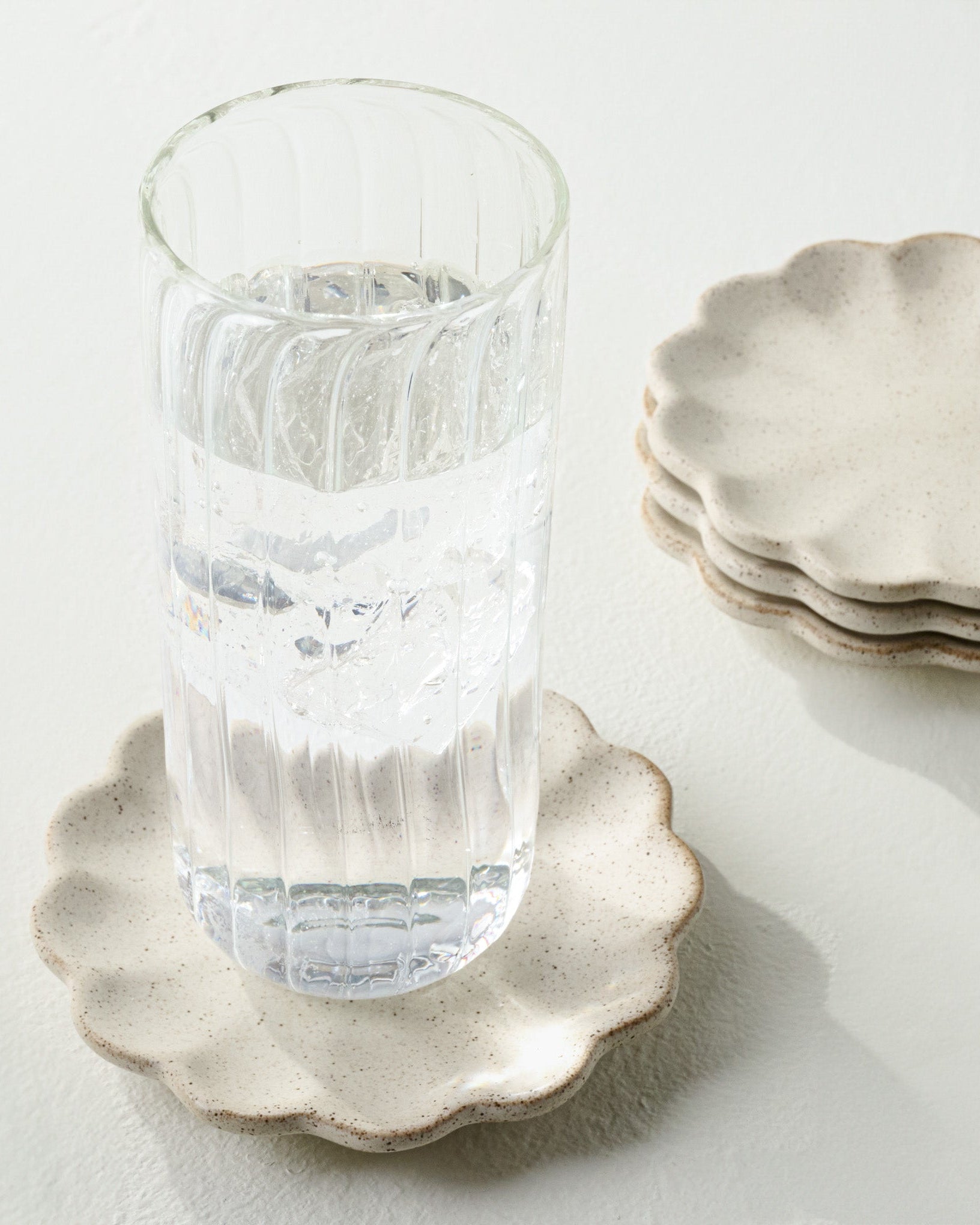 French White Scalloped Edge Stoneware Coaster Set