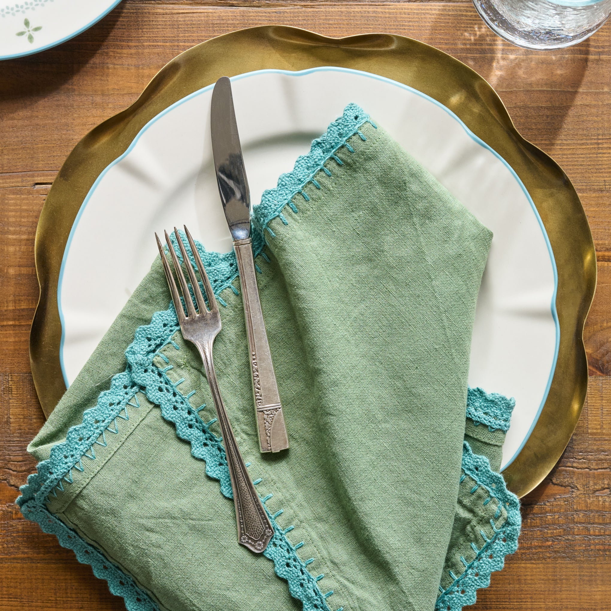 Green Crochet Edge Napkin Set of Four