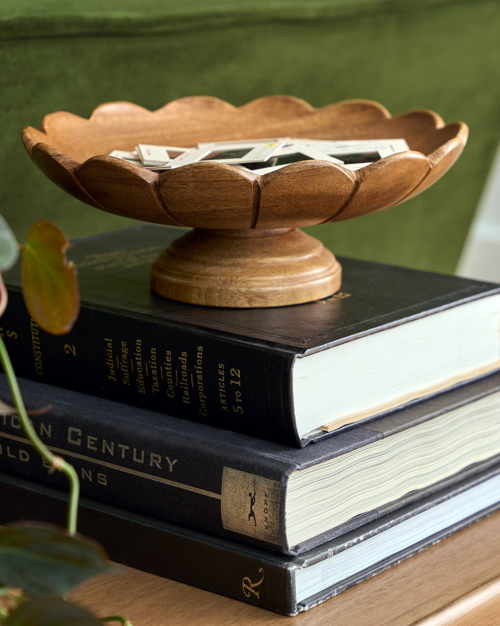 Decorative Antiqued Wood Footed Bowl