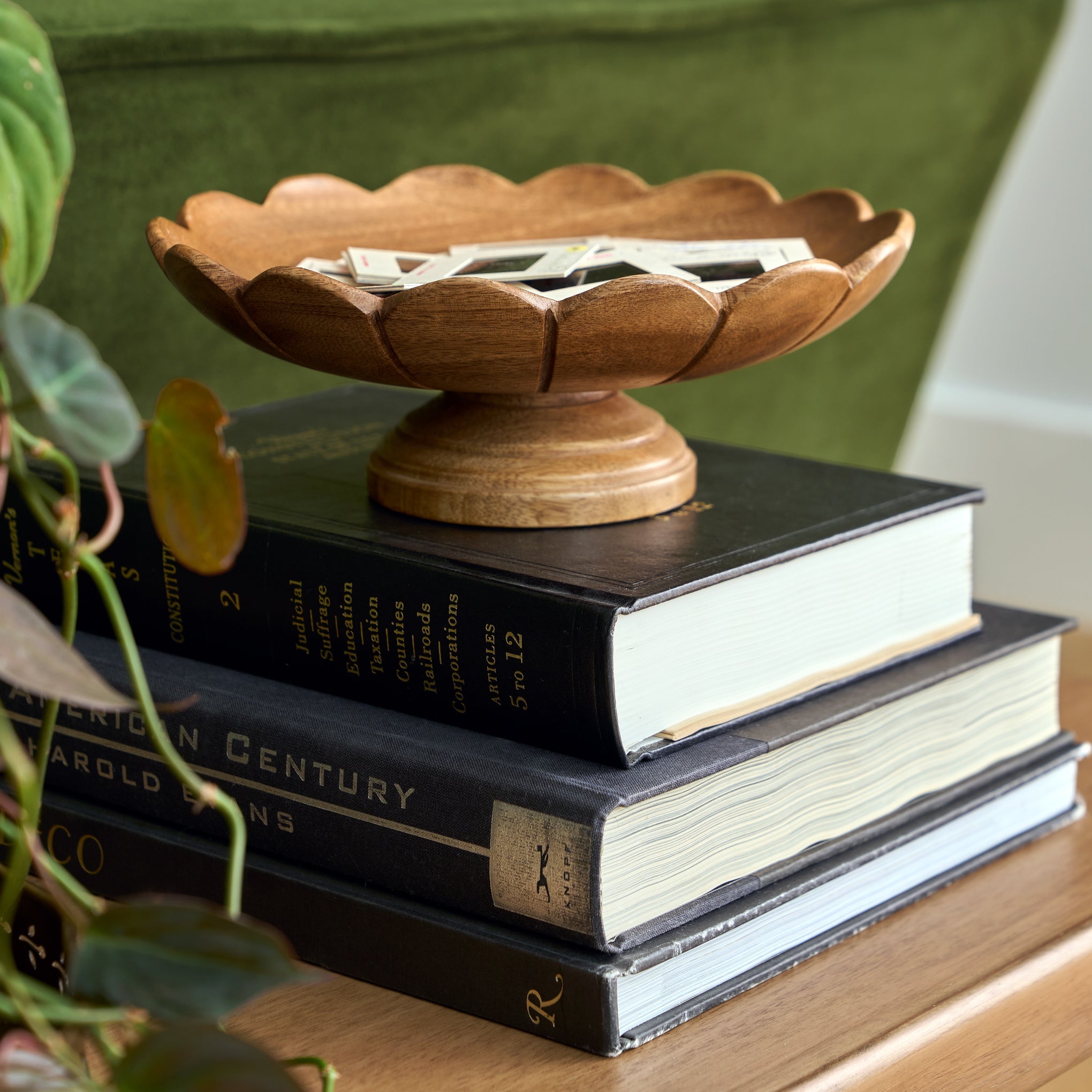 Decorative Antiqued Wood Footed Bowl
