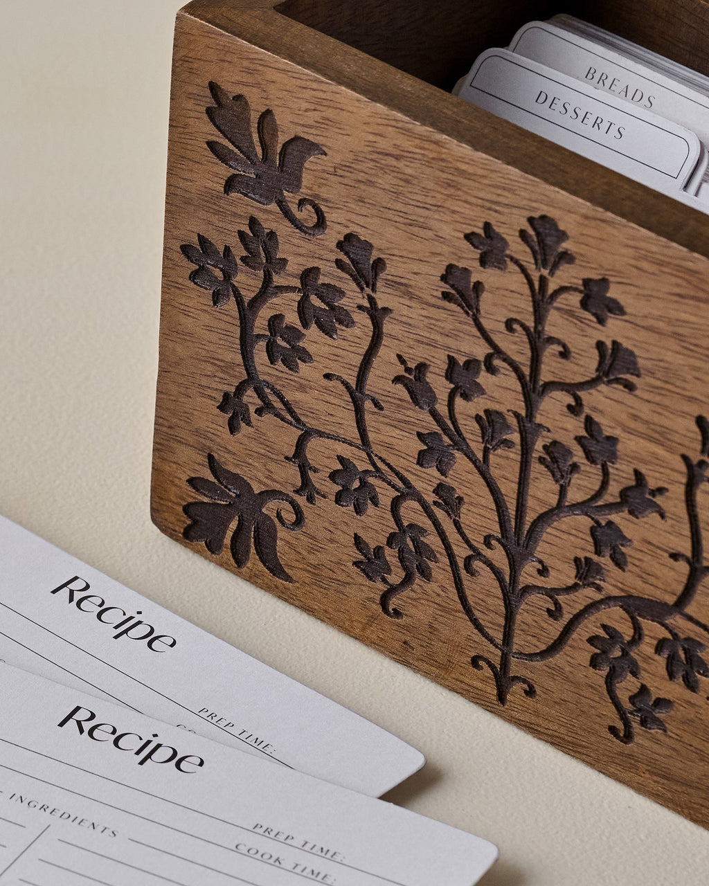 Magnolia Carved Wood Recipe Box