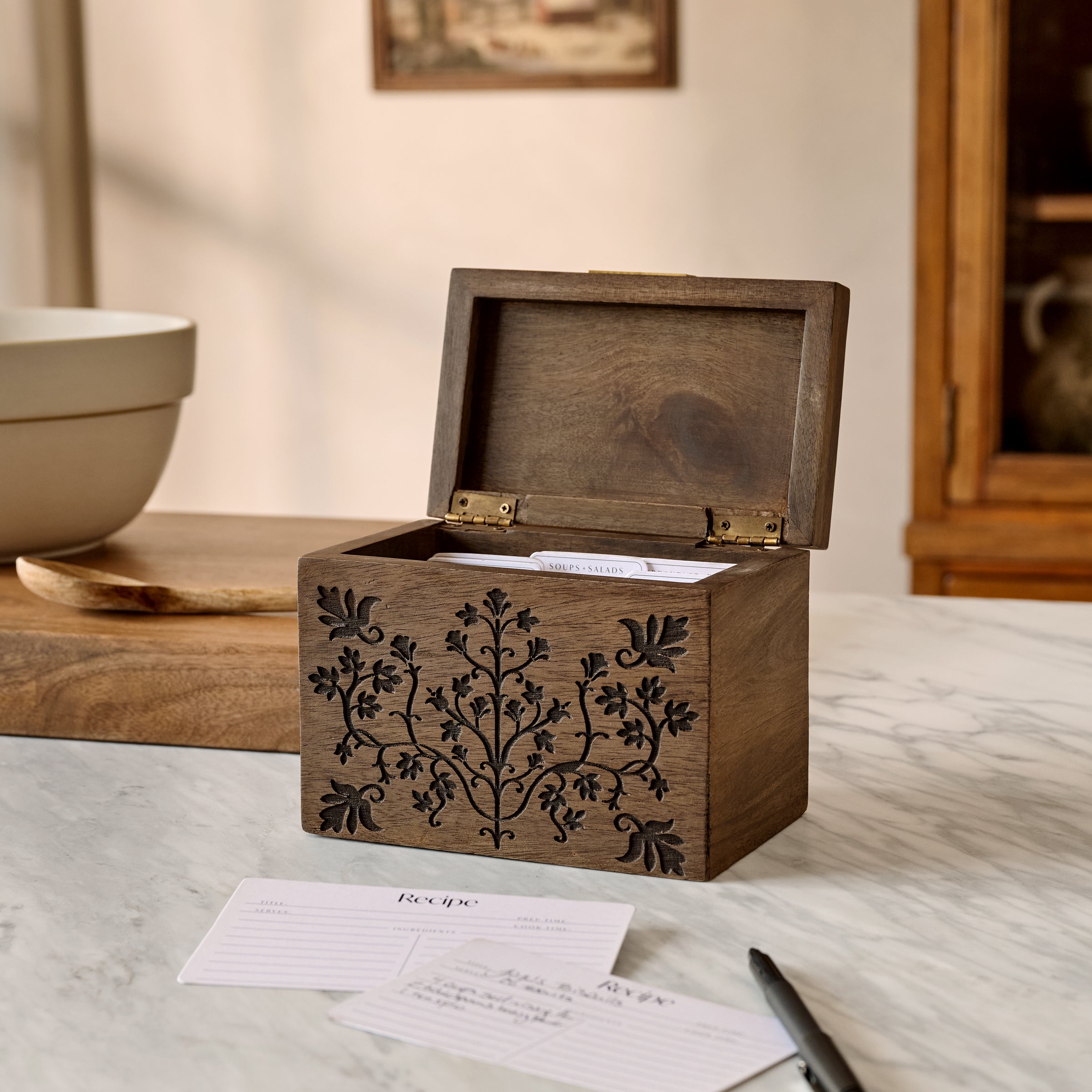 Magnolia Carved Wood Recipe Box