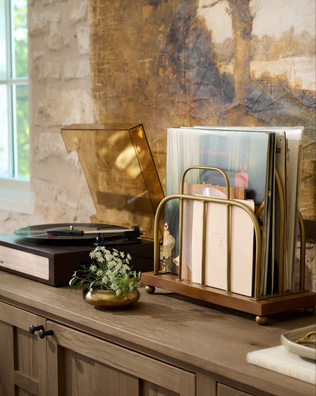 Short Antique Brass and Wood Media Stand