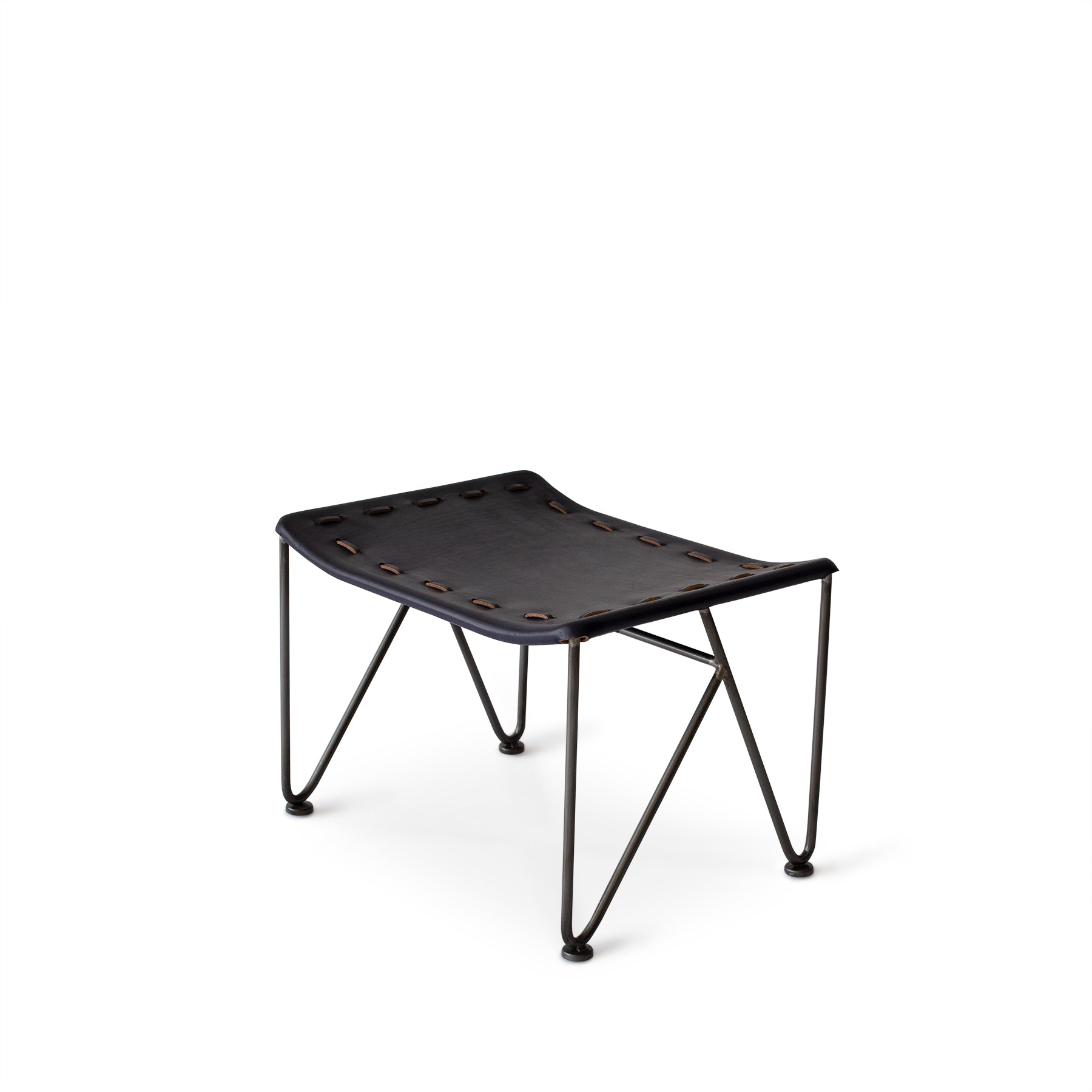 Saddle Leather Ottoman in Blue with Natural Steel Base