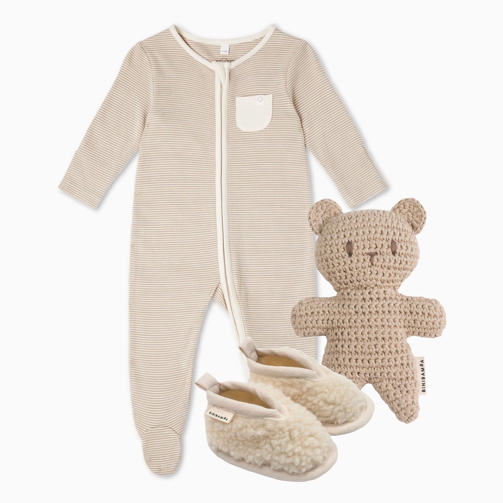 MORI x BINIBAMBA Sleepsuit, Booties & Crochet Toy Gift Set