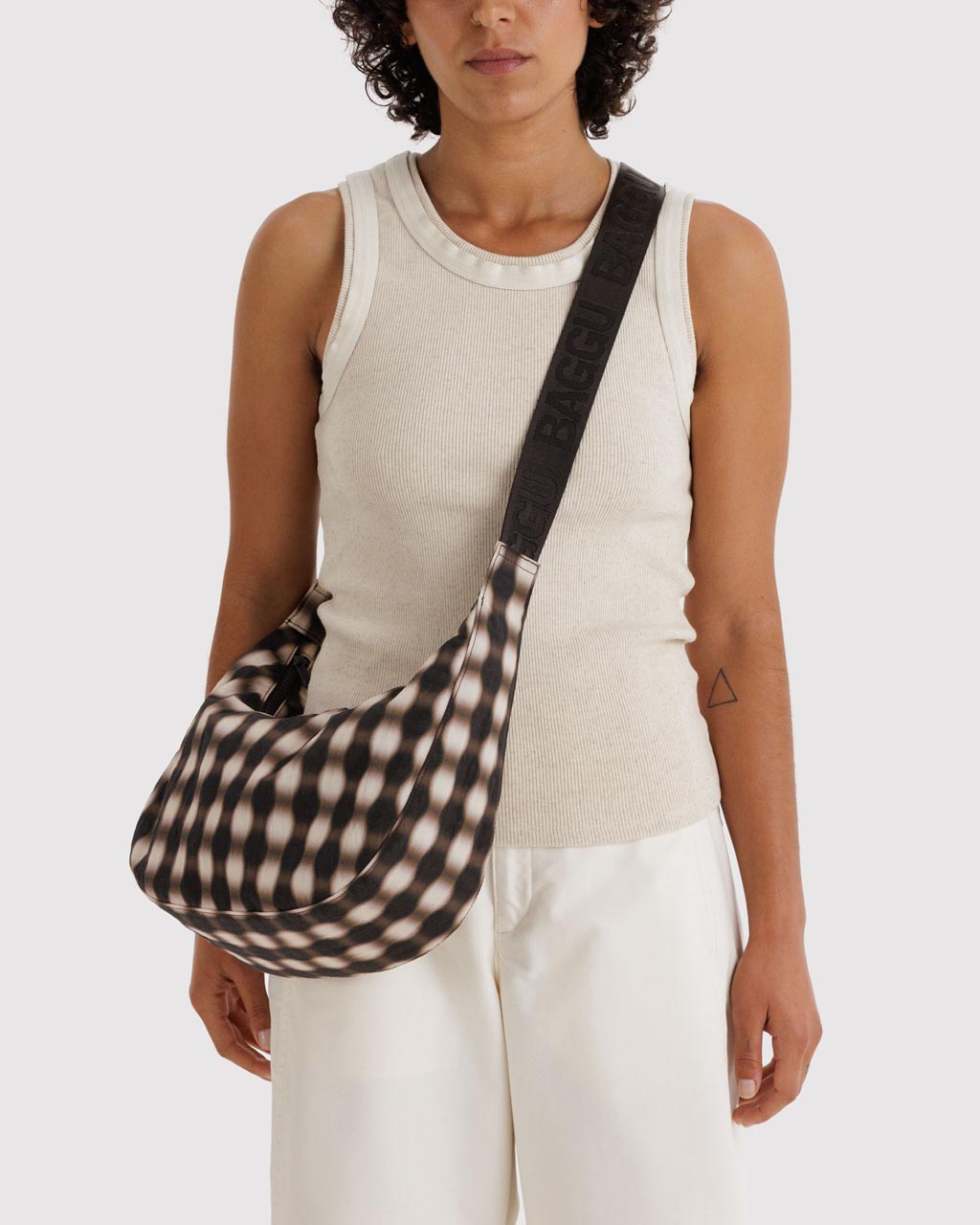 Medium Nylon Crescent Bag w/ Key Leash - Blurred Gingham Brown