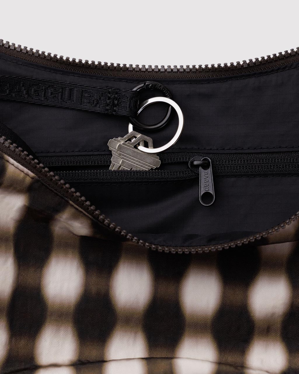 Medium Nylon Crescent Bag w/ Key Leash - Blurred Gingham Brown