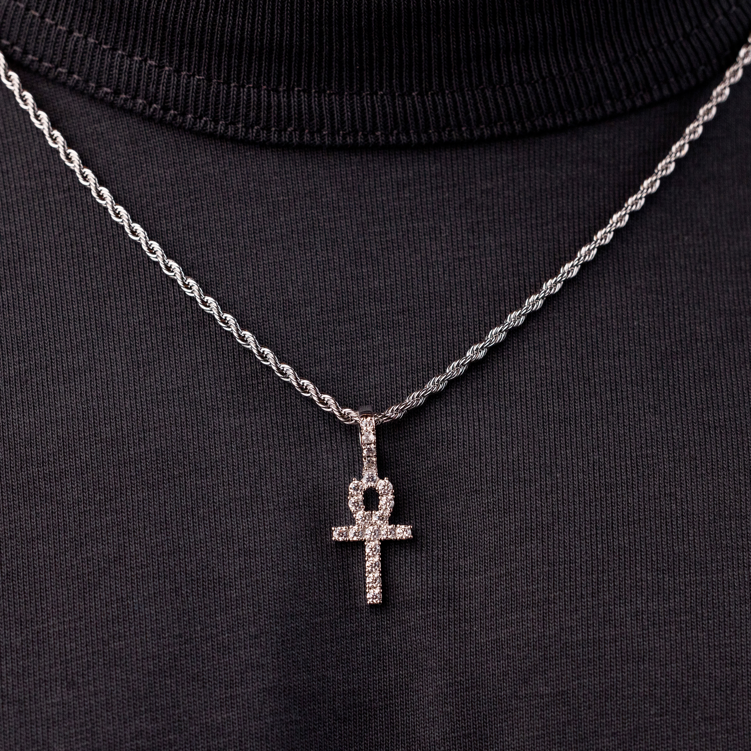 Micro IcedAnkh Cross Pendant in White Gold