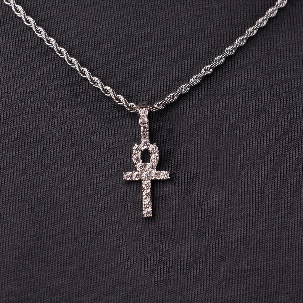 Micro IcedAnkh Cross Pendant in White Gold