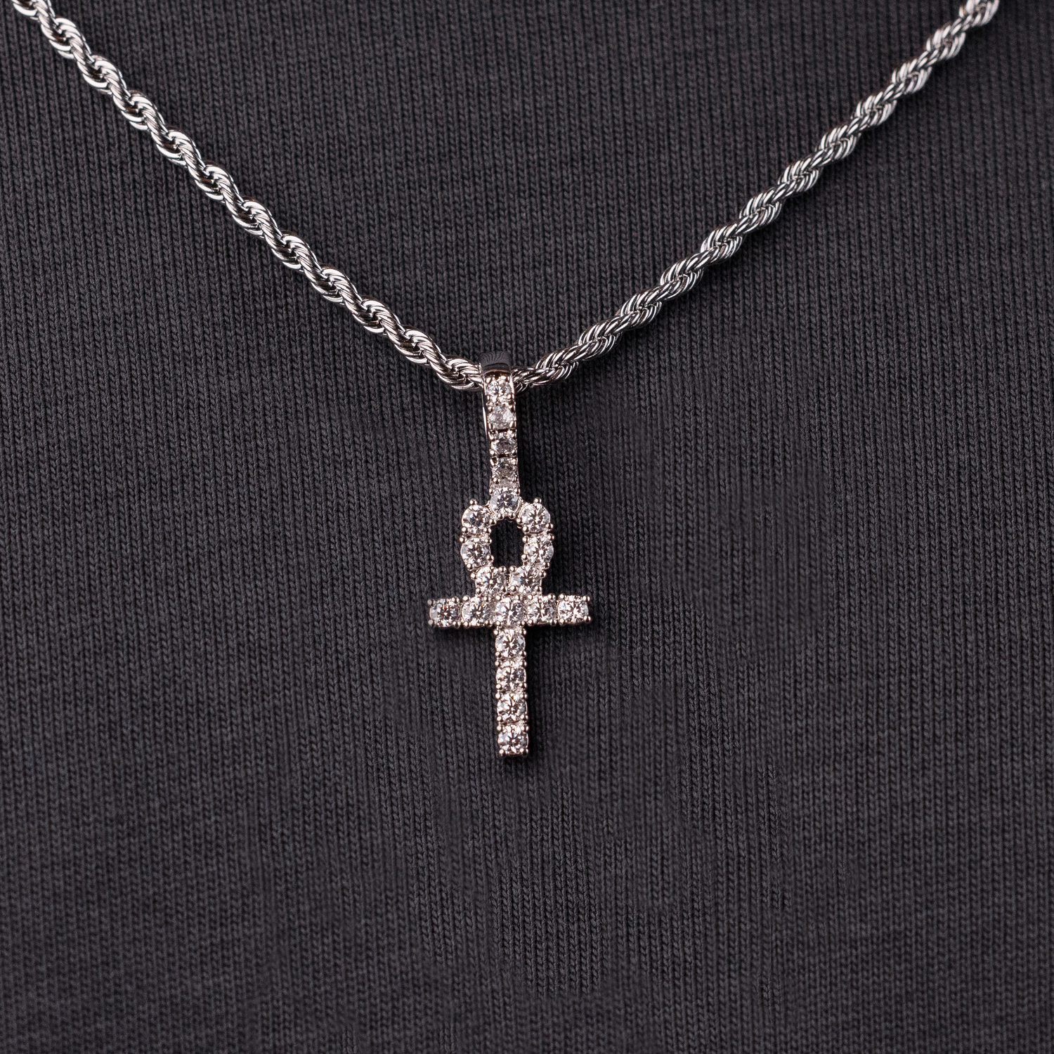 Micro IcedAnkh Cross Pendant in White Gold