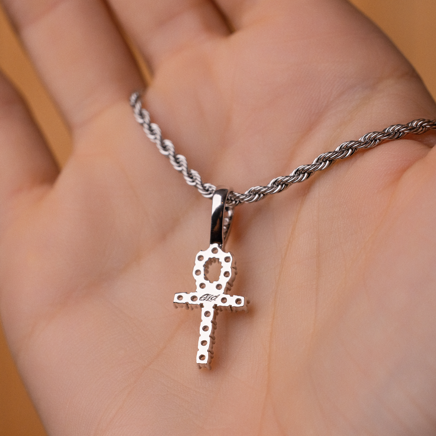 Micro IcedAnkh Cross Pendant in White Gold