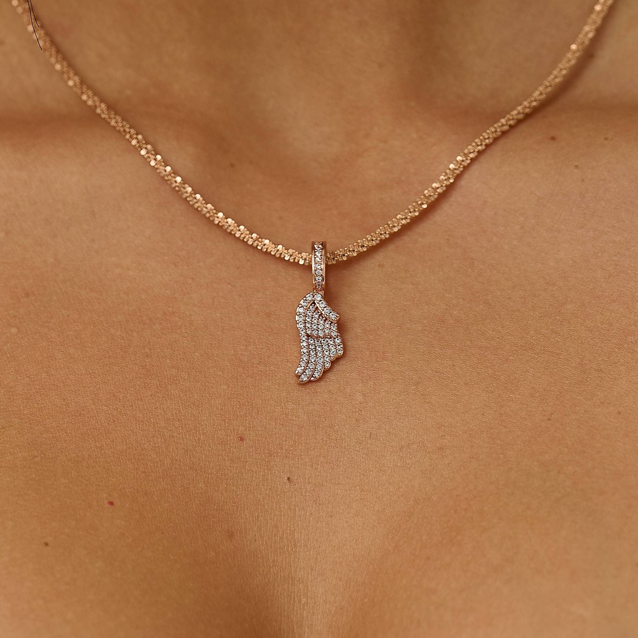 Micro Iced Angel Wing Pendant in Rose Gold