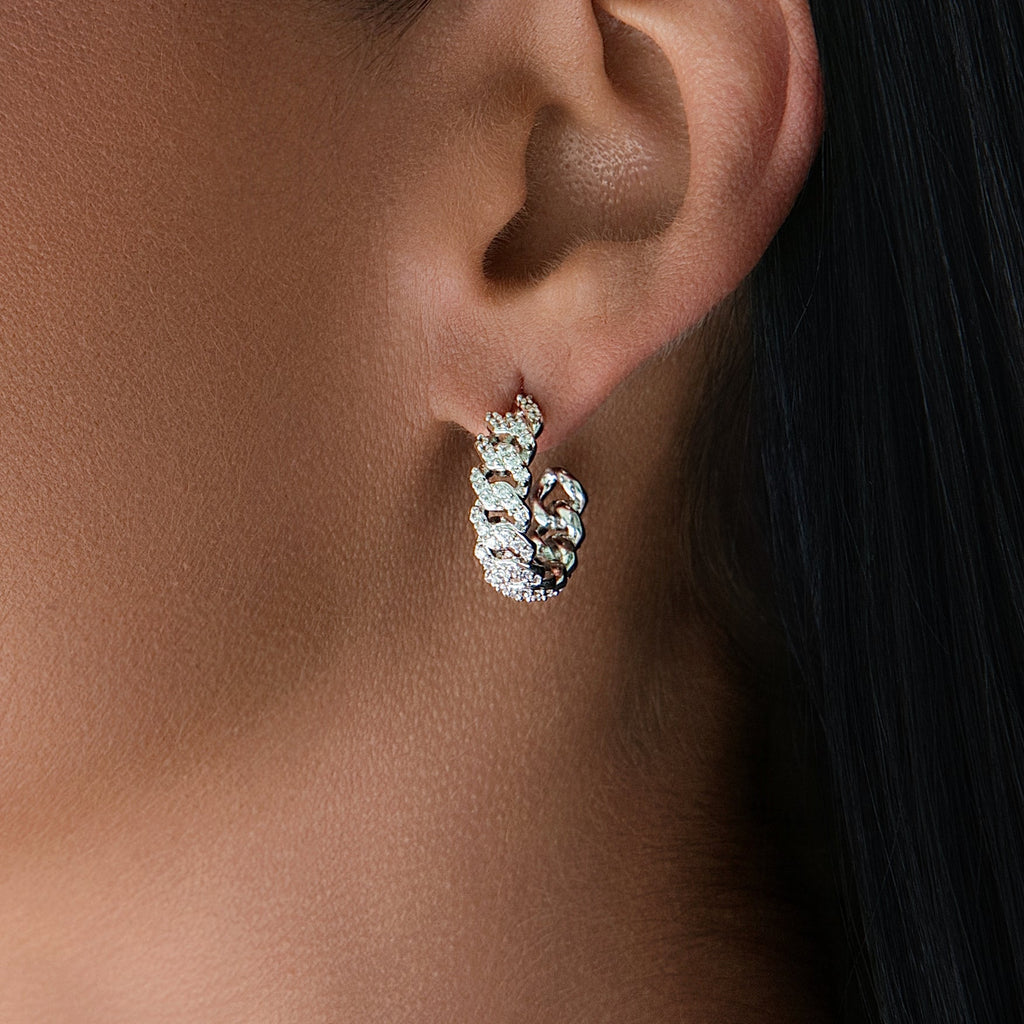 Micro Diamond Prong Cuban Necklace + Bracelet + Hoop Bundle in White Gold