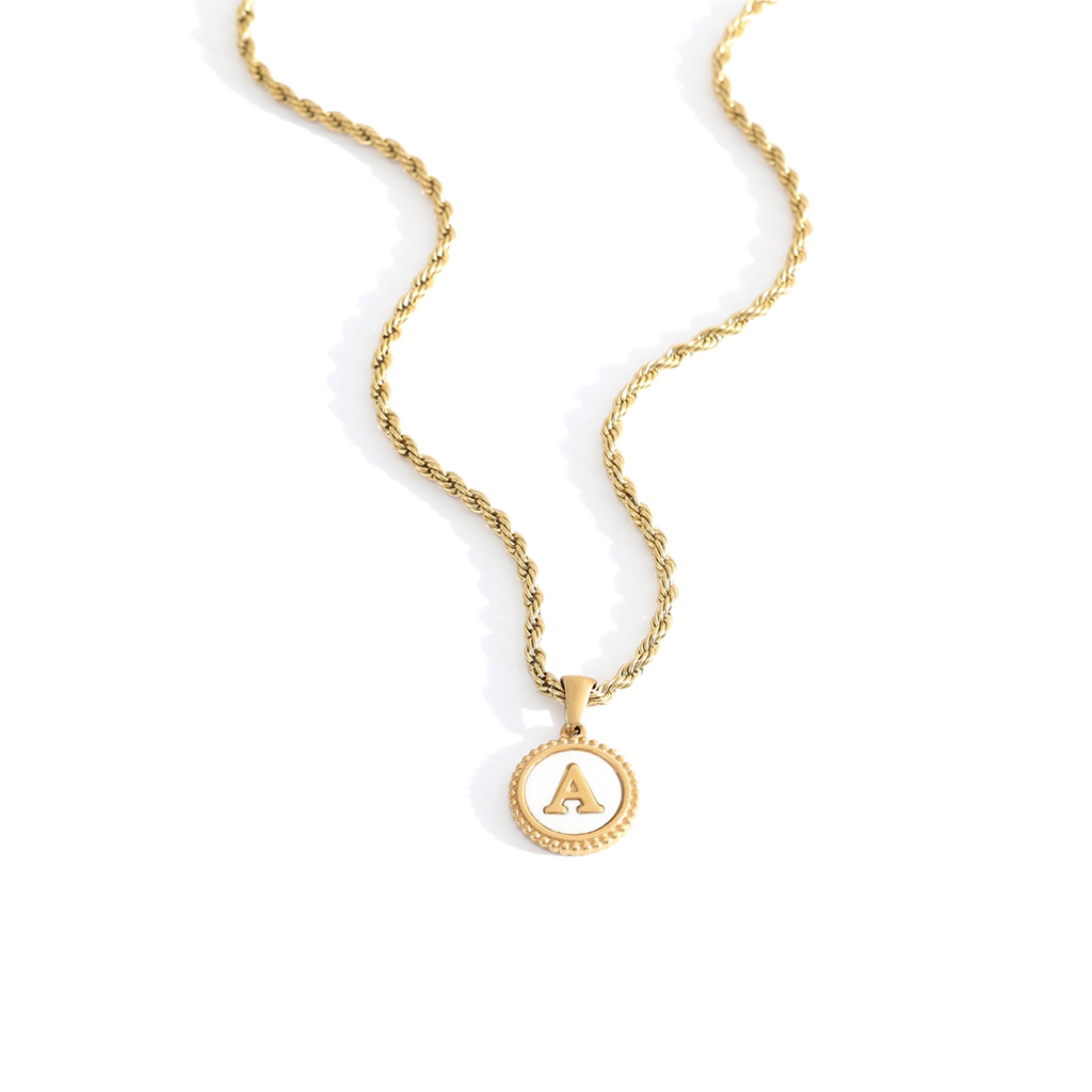 Mother of Pearl Disc Letter Necklace with Rope Chain