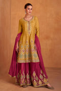 Mustard Yellow Chinon Silk Plazo Suit For Indian Festivals & Weddings - Embroidery Work
