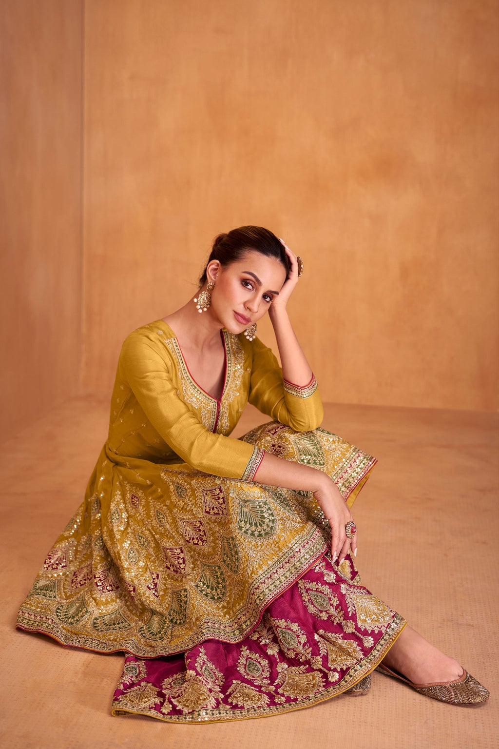 Mustard Yellow Chinon Silk Plazo Suit For Indian Festivals & Weddings - Embroidery Work