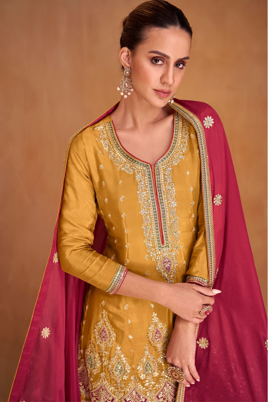 Mustard Yellow Chinon Silk Plazo Suit For Indian Festivals & Weddings - Embroidery Work