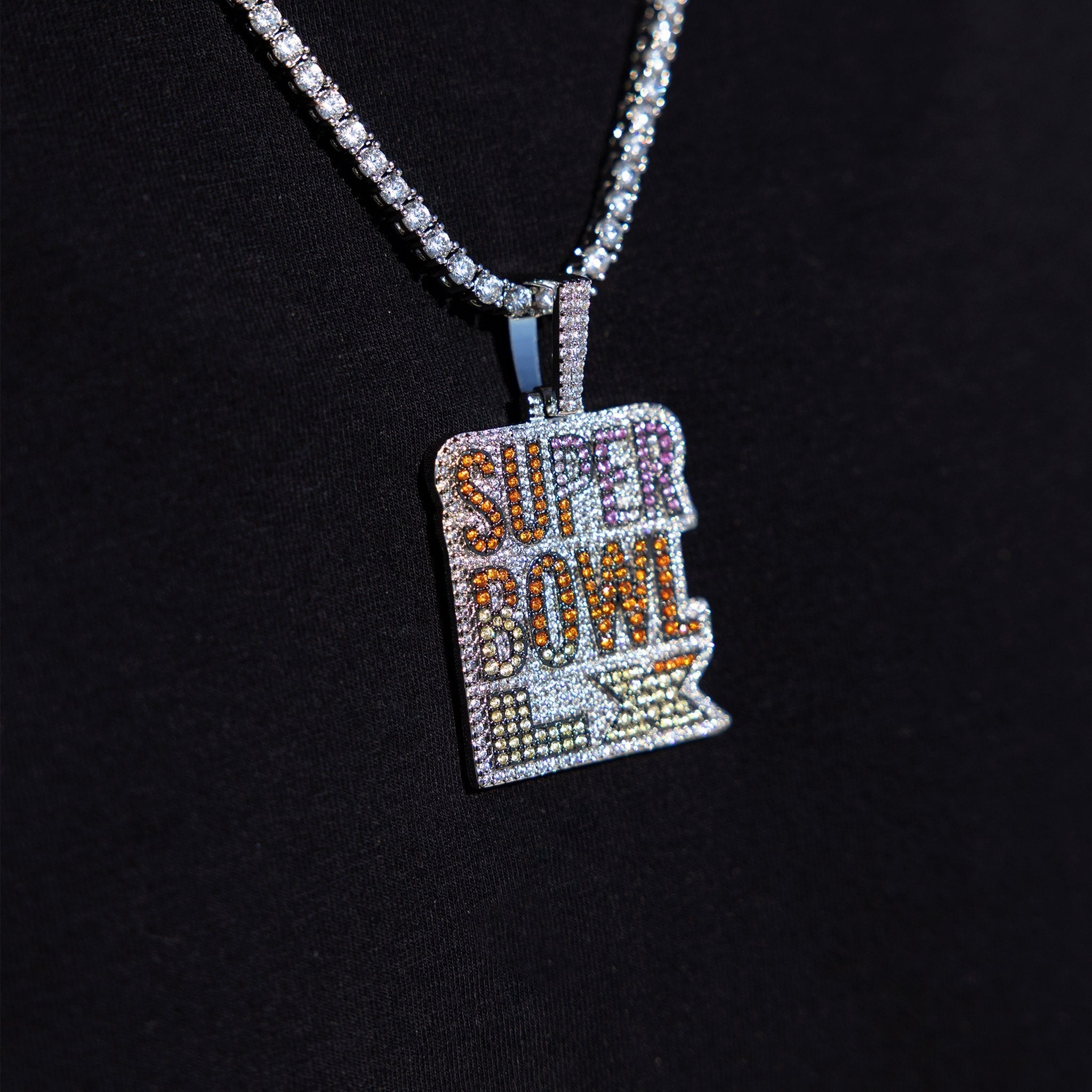 Iced 2026 Pink Ombre Stacked Superbowl LX Official NFL Wordmark Pendant in White Gold