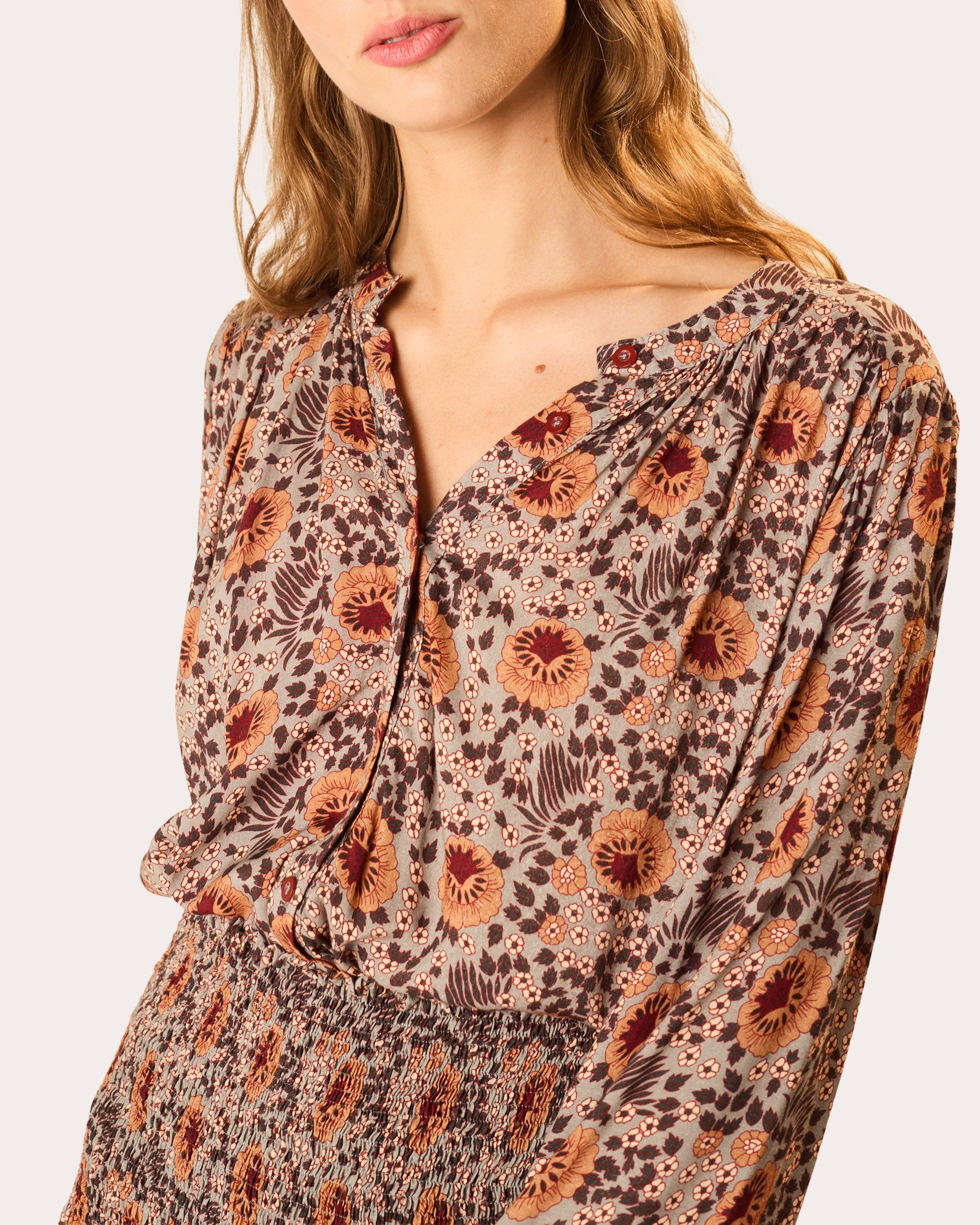 Tolan Floral Gathered Button-Up Top