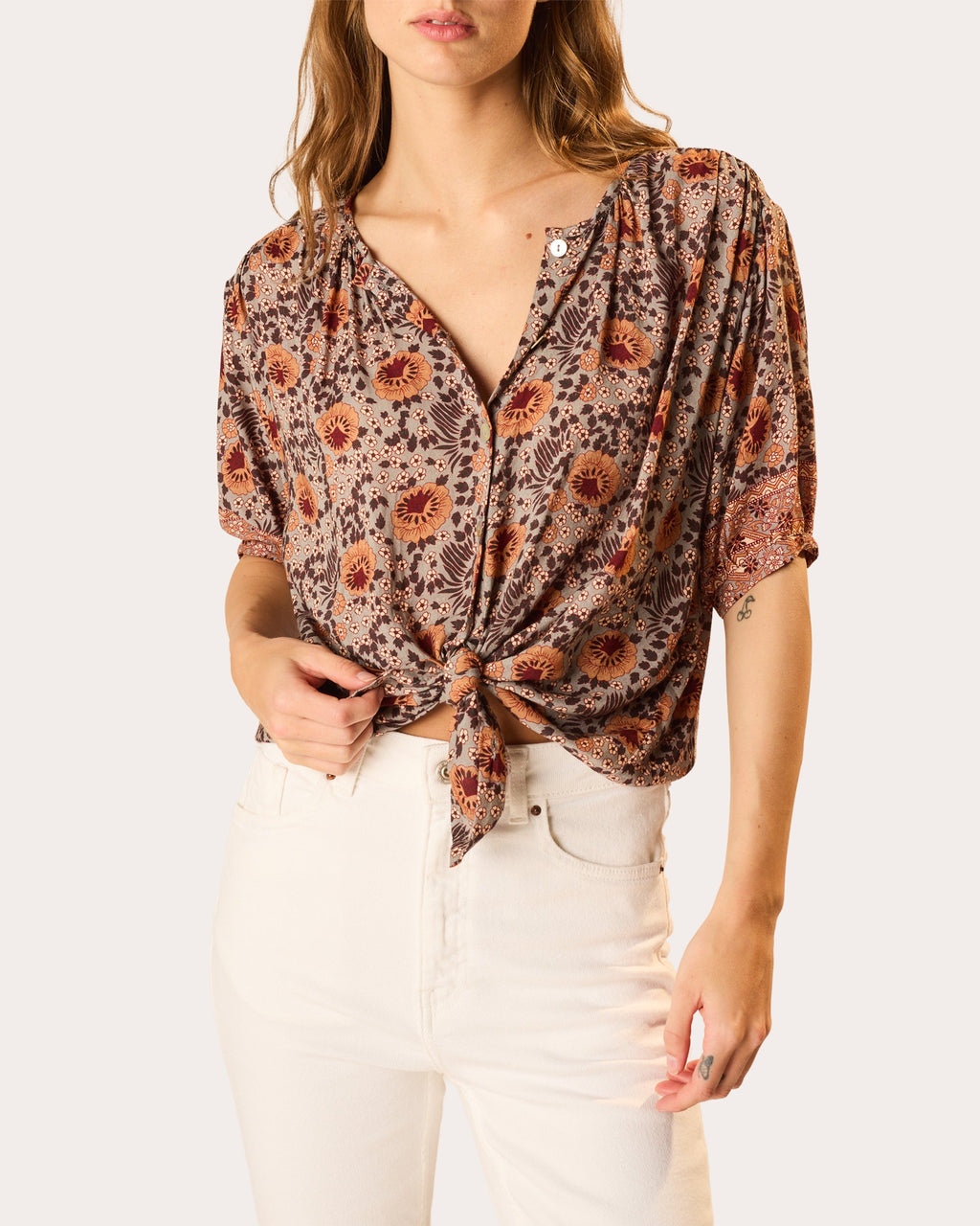 Violet Floral Gathered Button-Up Top