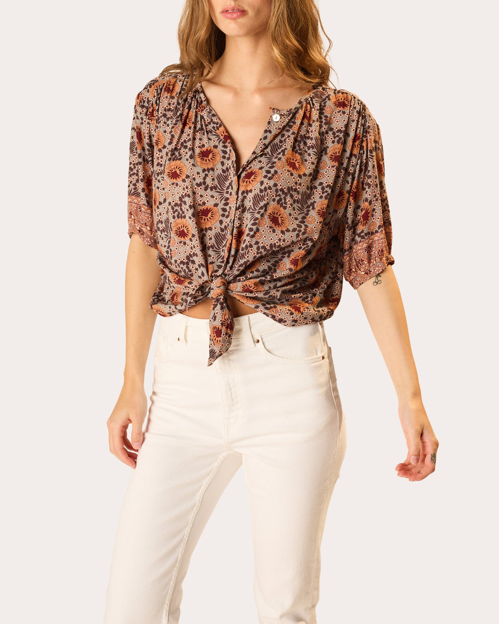 Violet Floral Gathered Button-Up Top