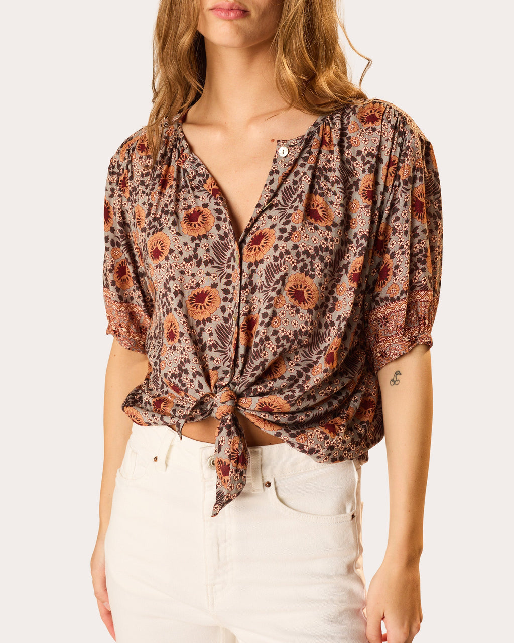 Violet Floral Gathered Button-Up Top