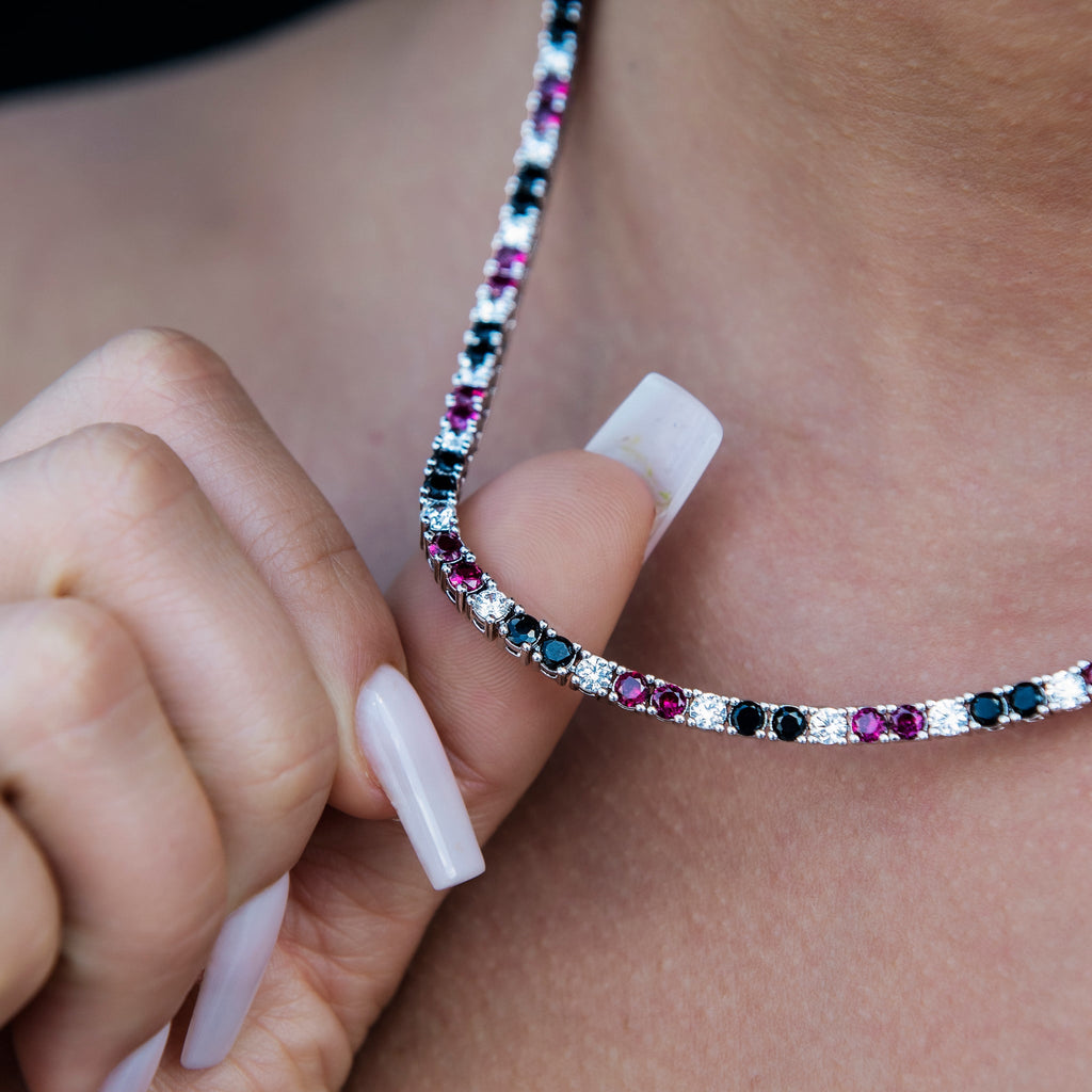 3MM Diamond Tennis Necklace - Black Burgundy White