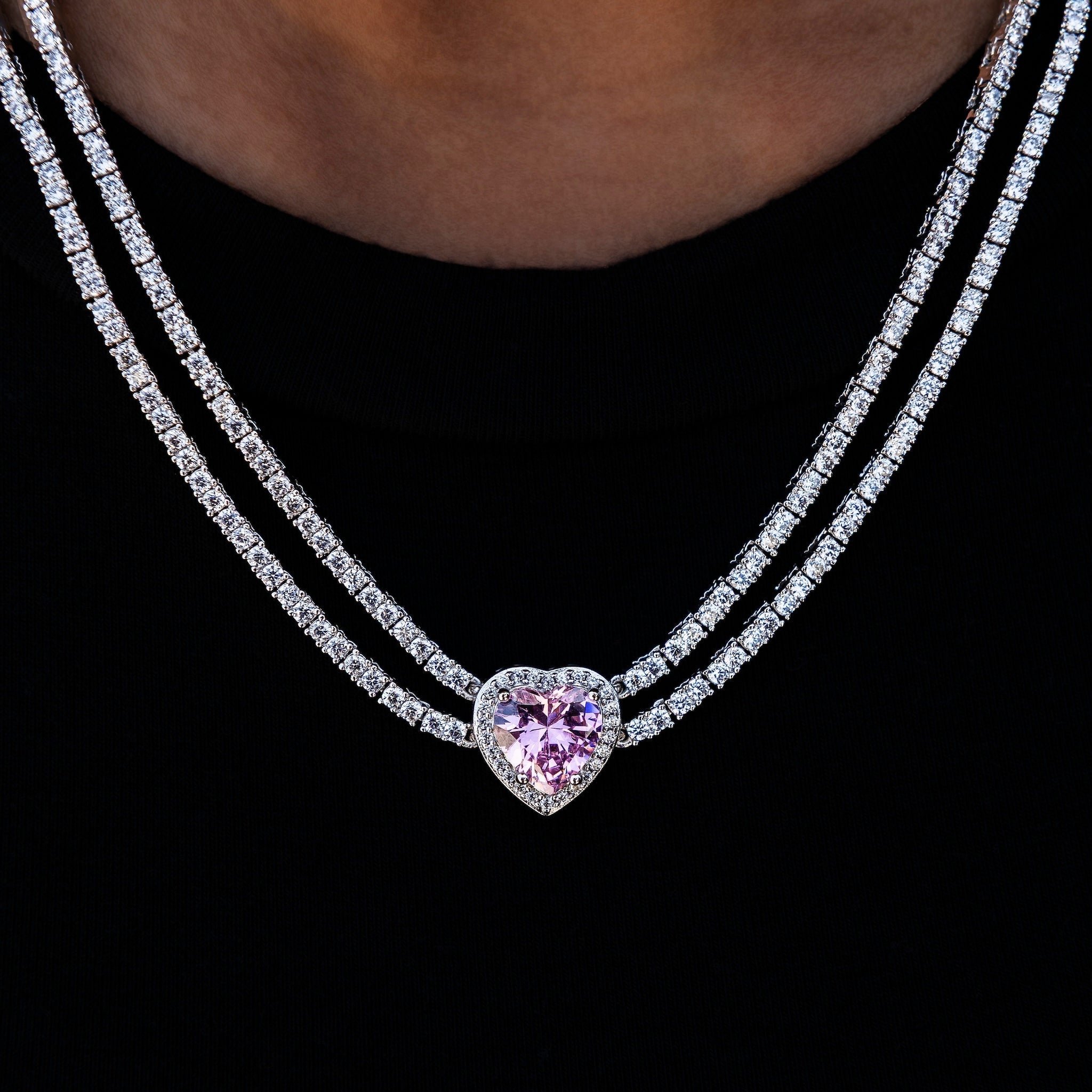 Pink Heart Diamond Double Row Tennis Necklace in White Gold