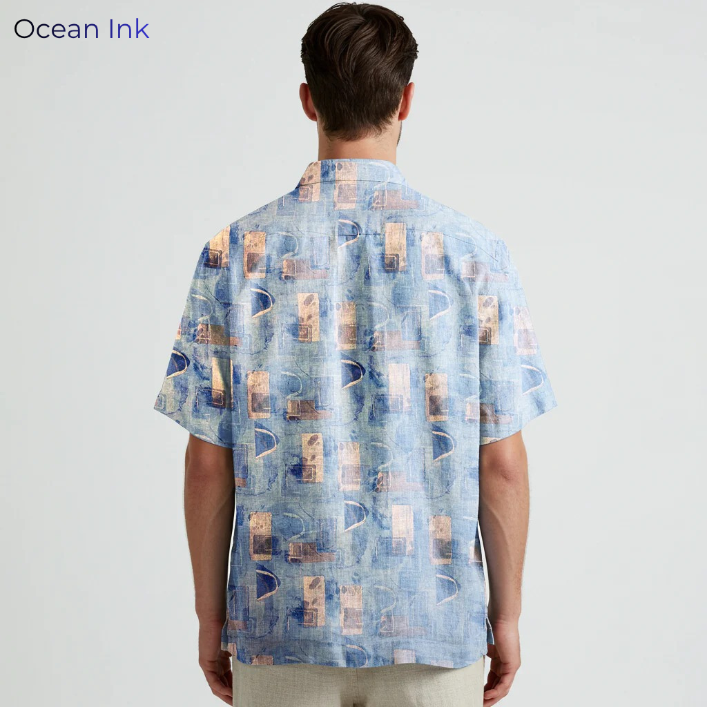 HARBORTIDE-MSS Men's Blue Printed Linen Shirt – Short Sleeve, Custom Fit